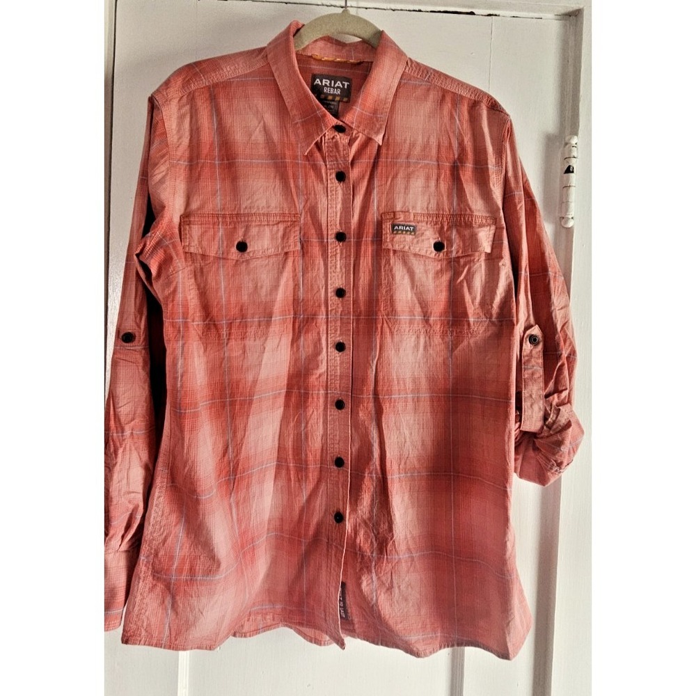 ARIAT REBAR women Sz XL roll tab sleeve plaid coral work shirt inner glass pouch